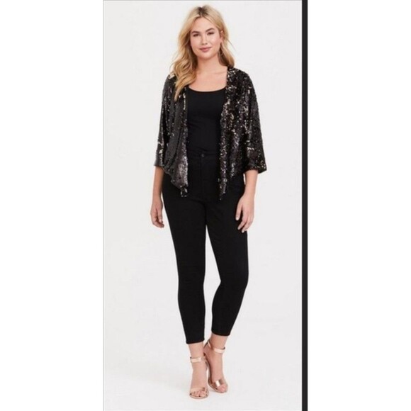 Torrid Black & Gold Sequin Open Front Kimono Blazer Cardigan 1X/2X Holiday Party - Picture 1 of 11